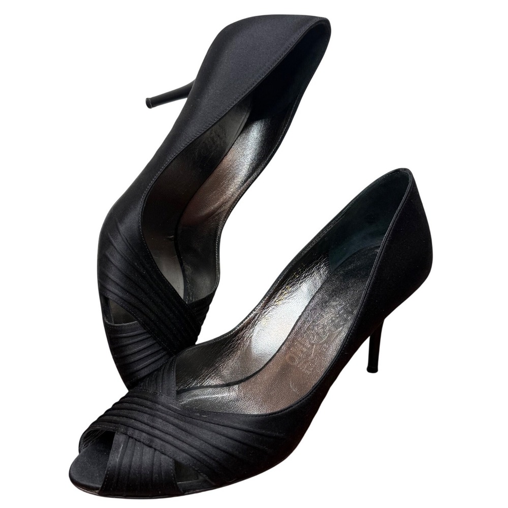 Salvatore Ferragamo Black Satin Pleated Peep Toe Pumps Heels Size 9B Italy